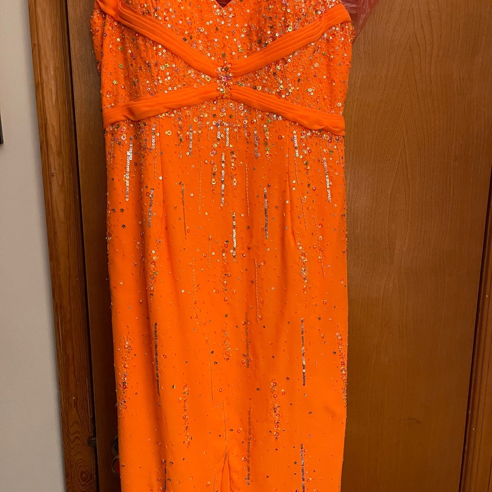 Bright orange prom dress with sequin detail